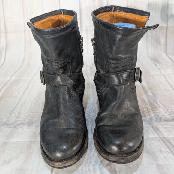 Frye Veronica Short Black Leather Biker Boots with Buckle Straps Size 8 - Picture 1 of 9